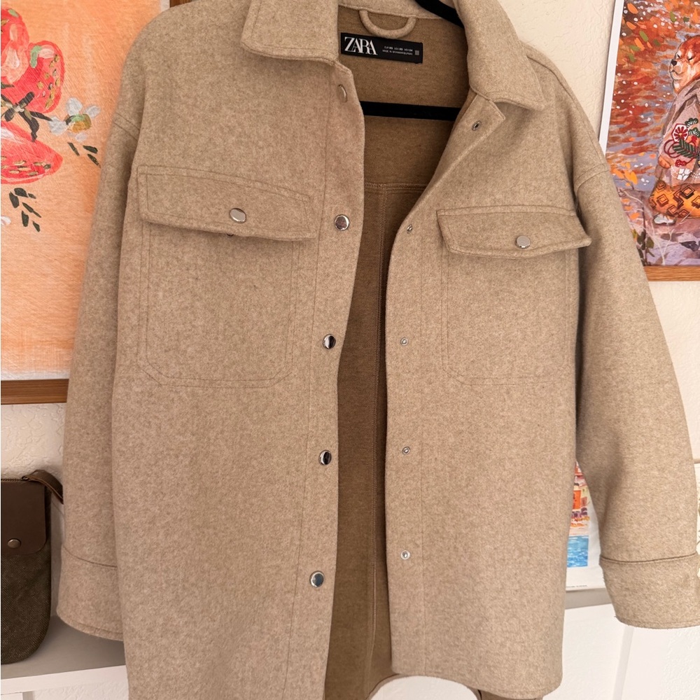 Zara Taupe Wool-Like Shirt Jacket